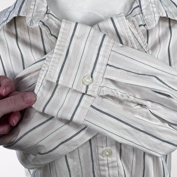 Vintage Dockers Button Up Shirt White Gray Striped 3/4 Sleeve Slim Fit XL - Picture 8 of 9
